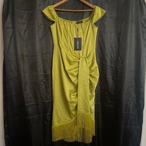 Olive Satin Tassel Midi Dress